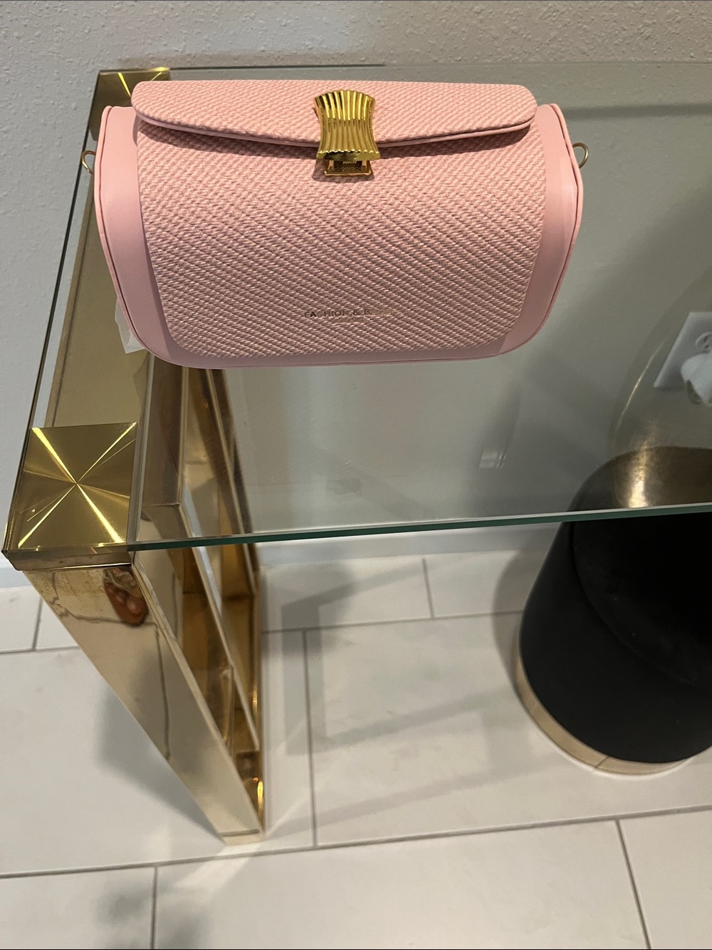 Textured Pink Crossbody Bag with Gold Accent